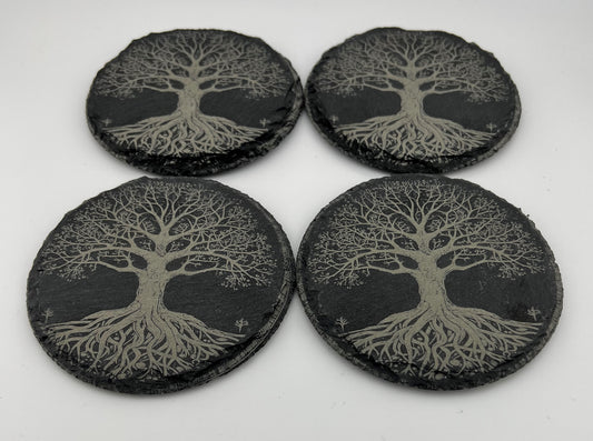 Coaster Slate Round Engraved Elven Tree