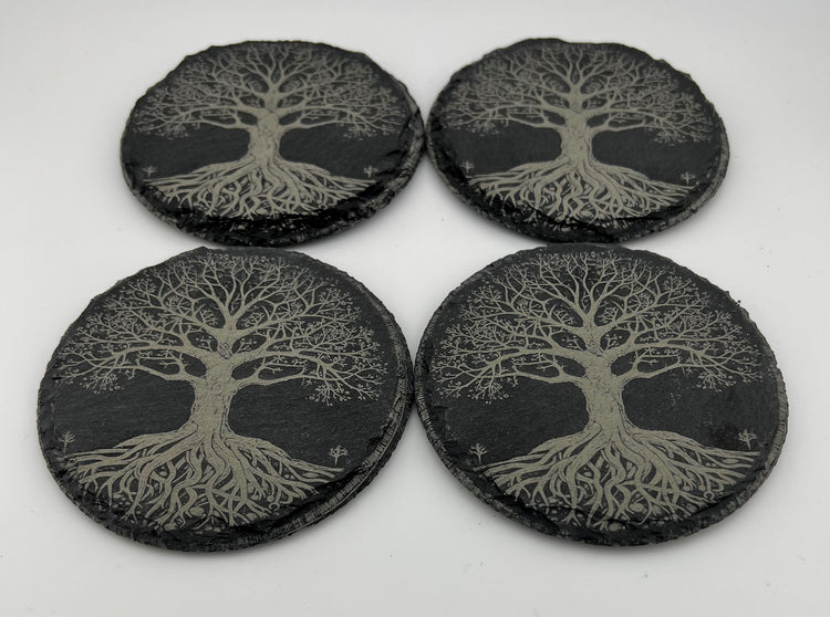 Coaster Slate Round Engraved Elven Tree