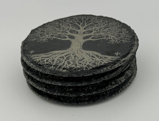 Coaster Slate Round Engraved Elven Tree